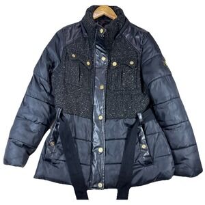 Vtg COOGI Women Sz L puffer jacket black With gold sparkle Belt Full Zip 80s 90s